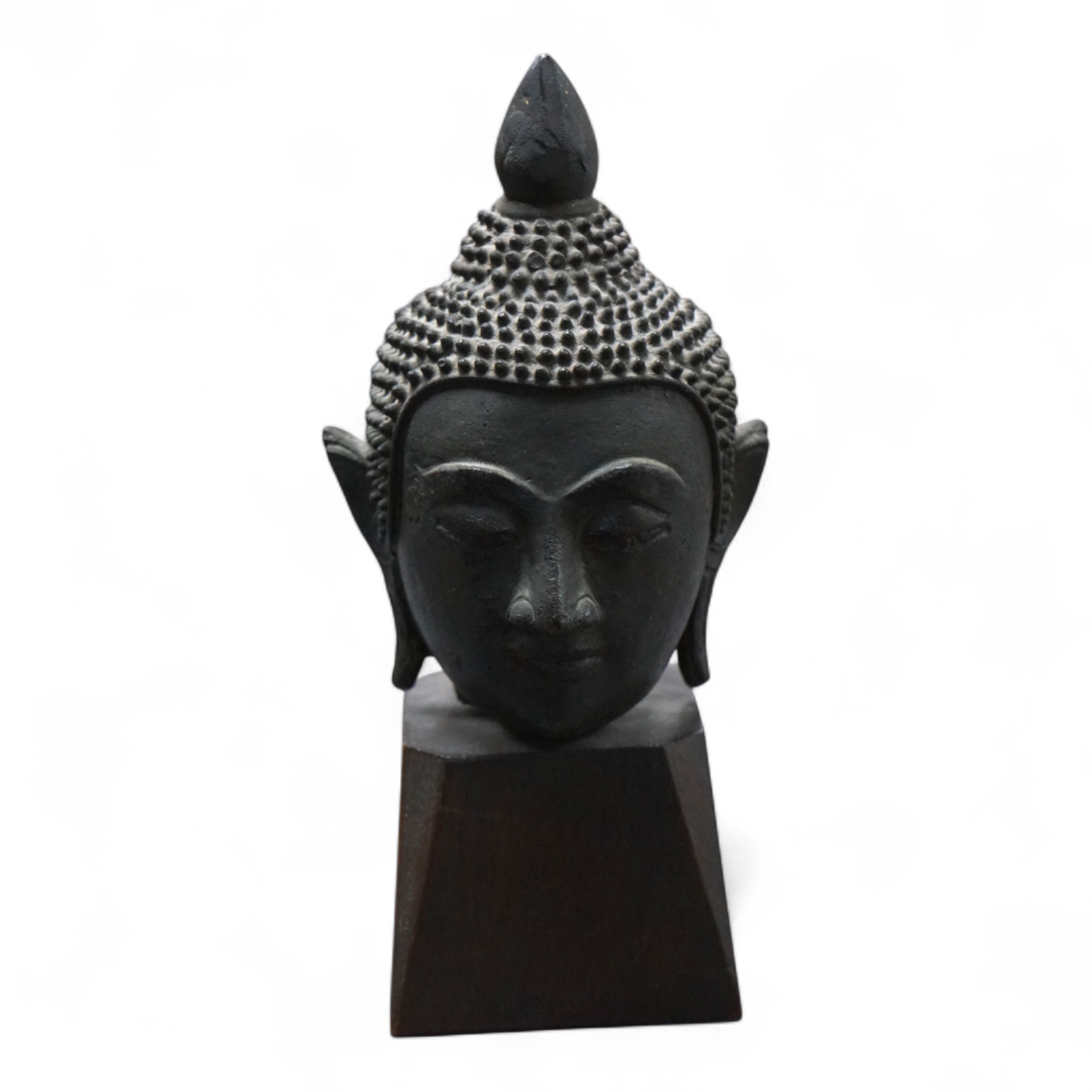 A 17th/18th century Thai, Ayuthia style, bronze head on wooden stand - 14cm high including stand.